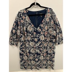 Adrianna Papell Dress Womens 22W Navy Mesh Embroidered Floral Mini Shift V Neck